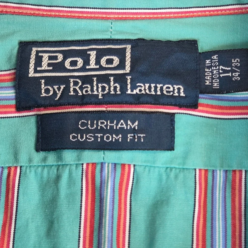 Vtg Polo Ralph Lauren Curham Teal Striped Button Down Shirt Mens 17 34/35